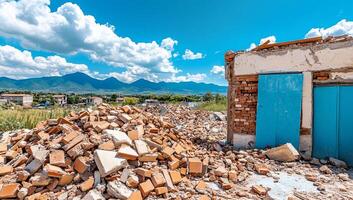 A landscape of destruction with rubble and a damaged building. photo