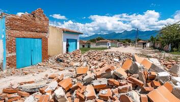 A view of rubble from a collapsed building against a mountain backdrop. photo