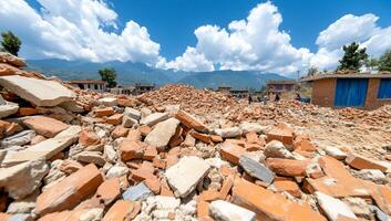 A landscape of rubble from a collapsed structure under a blue sky. photo