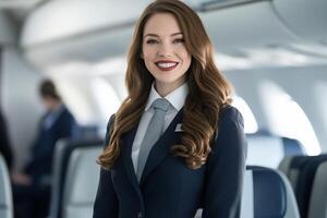 A smiling flight attendant in uniform inside an airplane cabin. photo