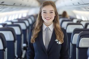 Smiling flight attendant in an airplane aisle ready to assist passengers. photo
