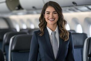 Smiling flight attendant in a modern airplane cabin. photo