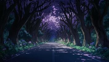 A serene road lined with trees, creating a tranquil and enchanting atmosphere. photo