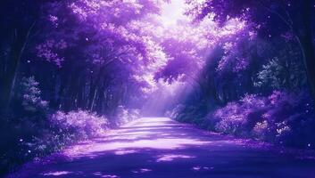 A serene purple forest path illuminated by soft sunlight. photo