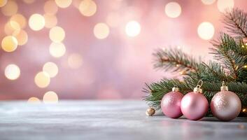 A festive arrangement of pink ornaments and pine branches with bokeh. photo