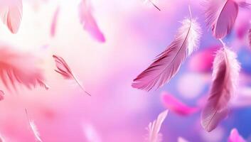 Feathers flying in the air on a pink and blue background photo