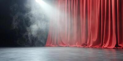 An empty stage with a red curtain and smoke photo