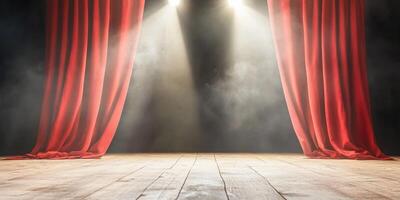 Red curtains and spotlight on a wooden stage photo