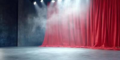 An empty stage with red curtains and smoke photo