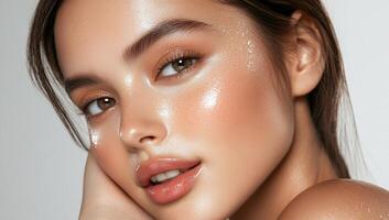 Close-up portrait of a person with glowing skin and soft features. photo