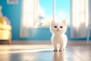 A cute white kitten stands in a bright, cozy room with wooden floors. photo