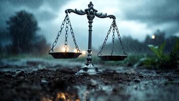 A scale symbolizing justice stands in a rainy, atmospheric landscape. photo