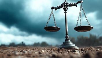 A scale of justice stands on a barren ground under a cloudy sky. photo