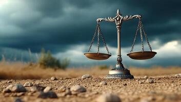 A balanced scale symbolizing justice on a rocky landscape under clouds. photo