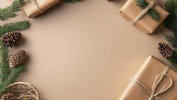 A festive arrangement of wrapped gifts and pinecones on a neutral backdrop. photo