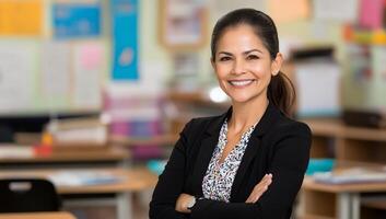 A confident woman smiling in a classroom setting. photo