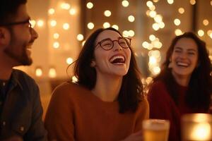 Friends enjoying a joyful moment together in a cozy, festive setting. photo
