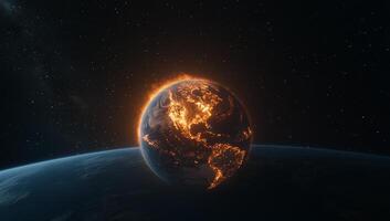 A glowing Earth in space, depicting a fiery atmosphere. photo
