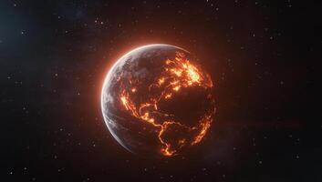 A fiery depiction of Earth, showcasing a dramatic, glowing surface. photo