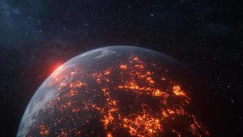 A glowing, volcanic planet set against a starry backdrop. photo