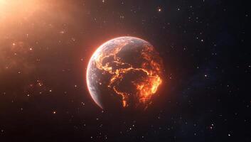 A fiery representation of Earth in a cosmic setting. photo