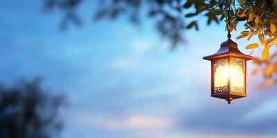 A lamp hanging from a tree branch with a blue sky in the background photo