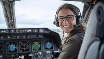 A woman wearing glasses and a headset is sitting in the cockpit of a plane photo