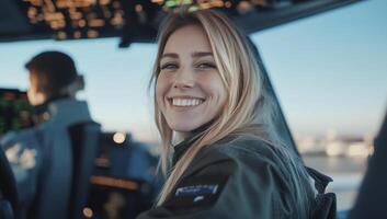 A woman in an airplane smiling and looking at the camera photo