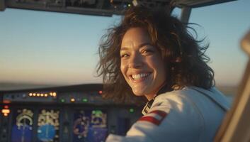 A woman is smiling while sitting in the cockpit of an airplane photo
