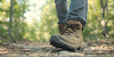 A close-up of hiking boots on a forest trail. photo