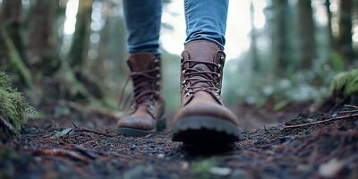 Close-up of hiking boots on a forest path surrounded by trees. photo