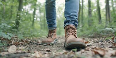 A close-up of hiking boots on a forest path surrounded by greenery. photo