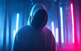 A mysterious figure in a hoodie stands amidst illuminated trees. photo