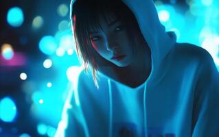 A contemplative figure in a hoodie, surrounded by vibrant blue lights. photo