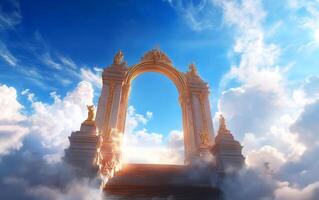 A majestic golden archway amidst clouds, symbolizing a gateway to the divine. photo