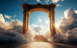 A grand archway amidst clouds, symbolizing a gateway to the divine. photo