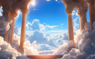 etéreo escena con grandioso columnas y mullido nubes debajo un brillante cielo. foto