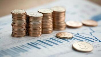 Stacked coins on a financial chart, symbolizing investment and savings. photo