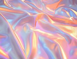 A close-up of iridescent, silky fabric with flowing textures and colors. photo