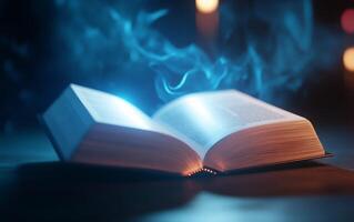 An open book emits a mystical glow with ethereal smoke around it. photo