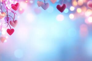 A soft, dreamy background with hanging hearts and bokeh lights. photo