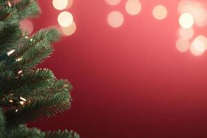 A close-up of Christmas tree branches with festive bokeh lights. photo