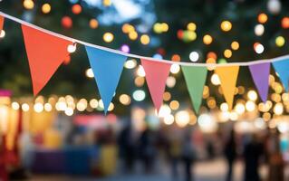Colorful bunting and lights create a festive atmosphere at an event. photo