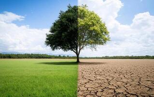 A split image of a tree representing contrasting environments lush vs. dry. photo