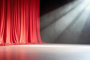 A stage with red curtains and a spotlight, ready for a performance. photo