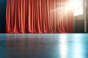A stage with red curtains, suggesting a performance or event setting. photo