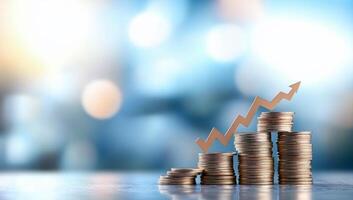 Stacks of coins with an upward arrow on a blurred background photo
