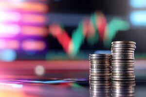 Stack of coins on a table with a stock market graph photo