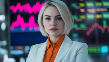Professional woman in a business setting with data visuals in background. photo