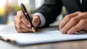 A person writing with a fountain pen on a blank page in a professional setting. photo